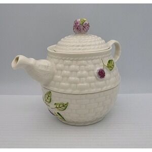 Belleek Teapot Tea for One w/Stackable Cup Basket Weave Fruits of the Forest
